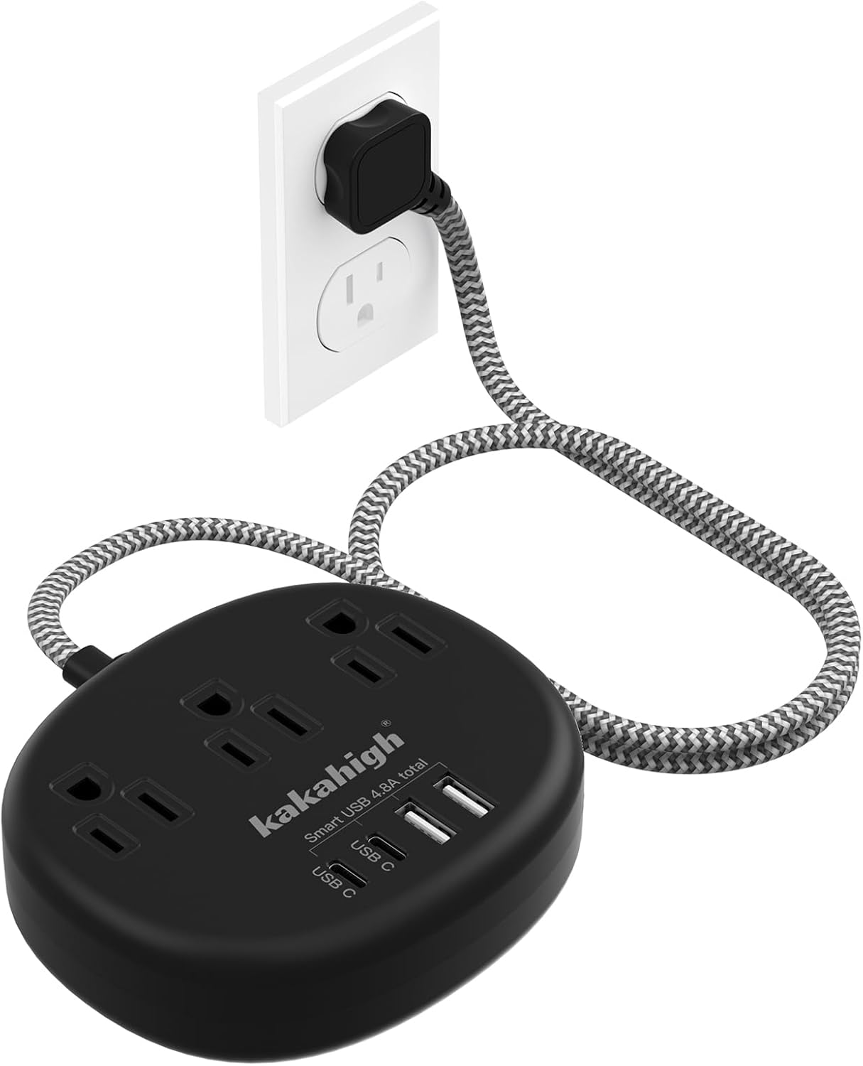 5FT Power Strip – 3 Outlets + 4 USB Ports (24W), Compact & Flat Plug