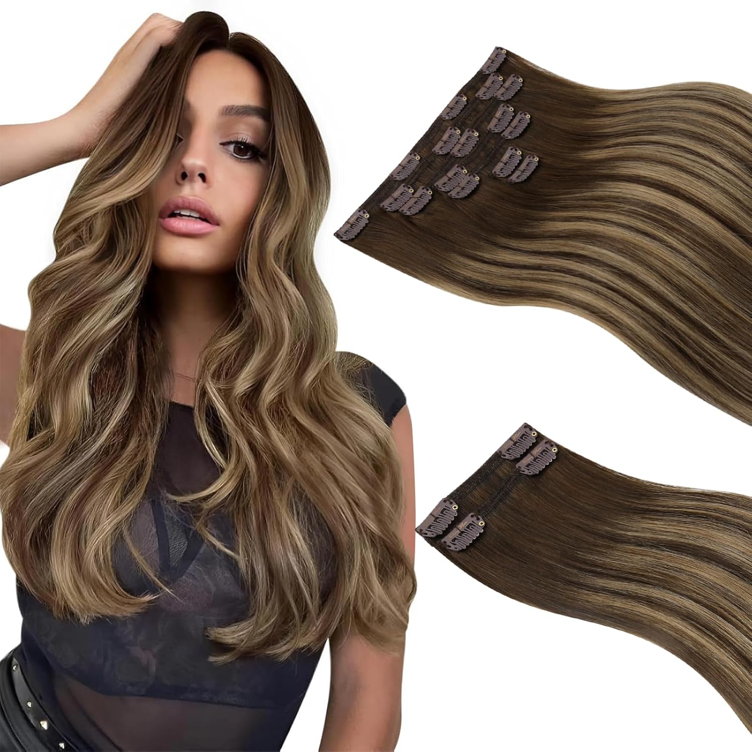 Sunny Hair Clip in Hair Extensions Real Human Hair Double Weft Remy Hair Clip in Extensions Human Hair for Women Full Head Balayage Medium Brown Blonde Ombre 24 inch