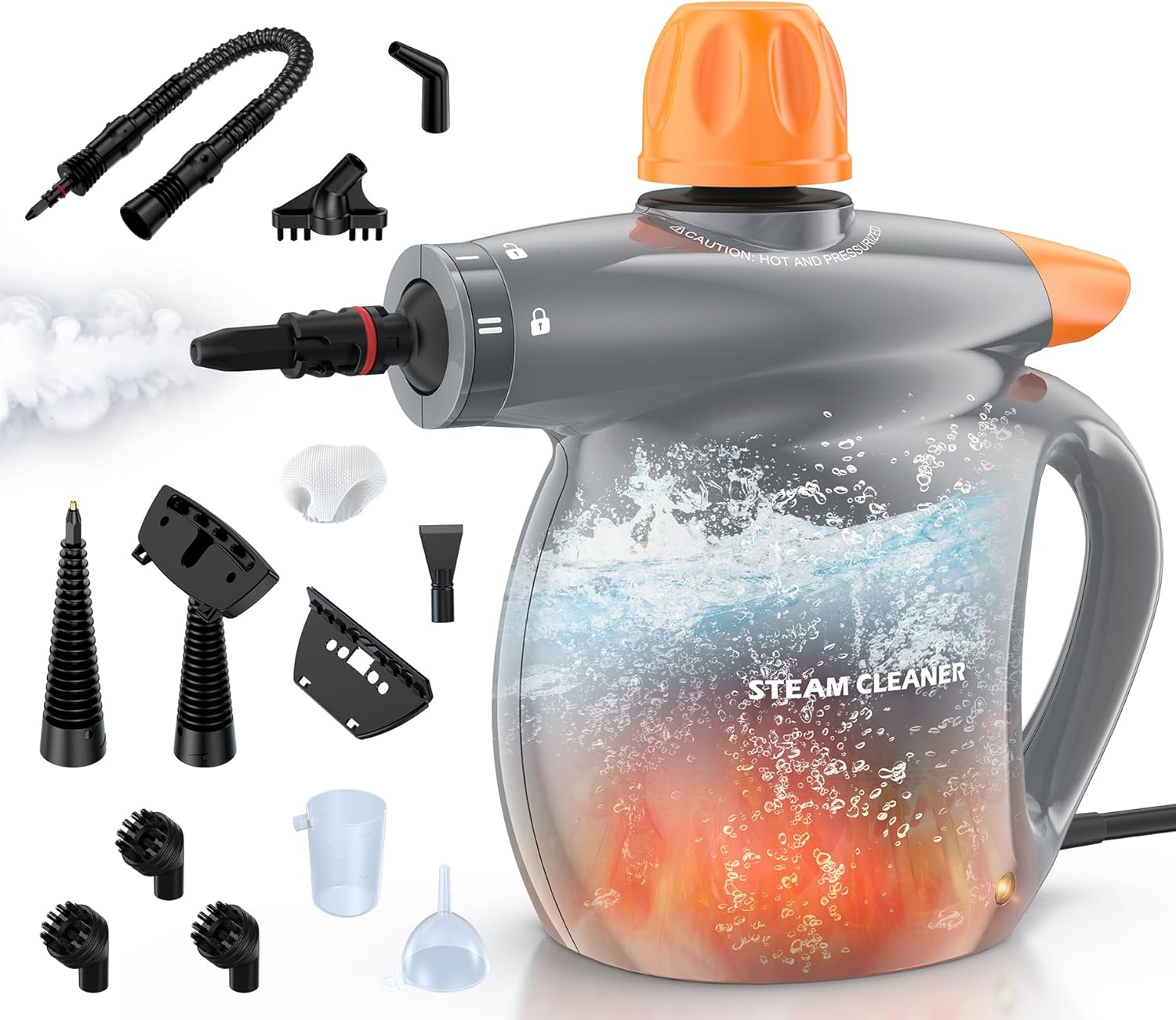 LABIGO Steam Cleaner, Pressurized Handheld 13pcs Multi-Purpose Natural Deep Cleaning Steamer, Portable Steamer for Cleaning Home, Grout, Kitchen, Car, Window, Upholstery, Bathroom and Clothes, Gray